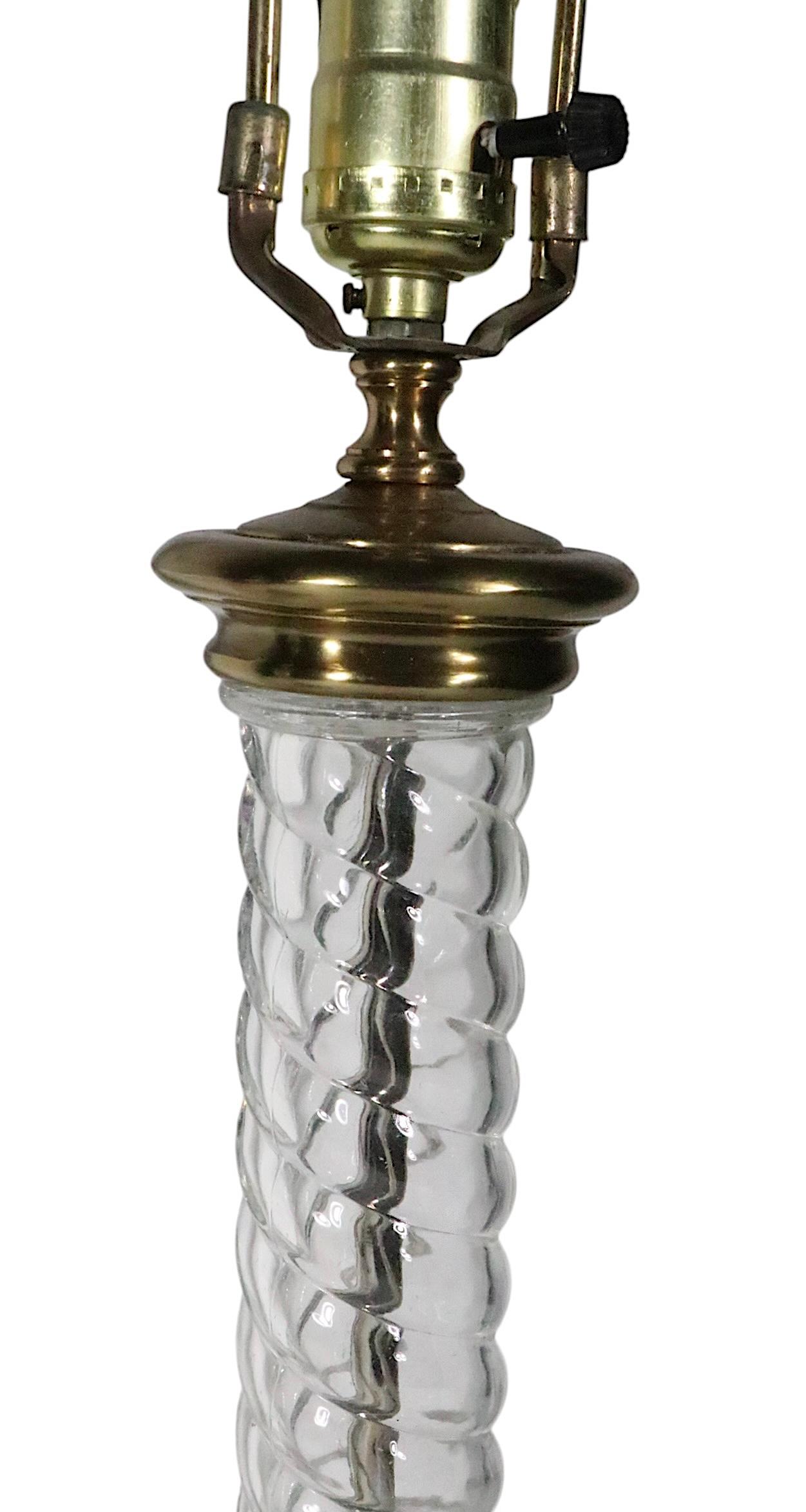 20th Century Pr. Glass and Brass Twisted Column Lamps by Paul Hanson For Sale