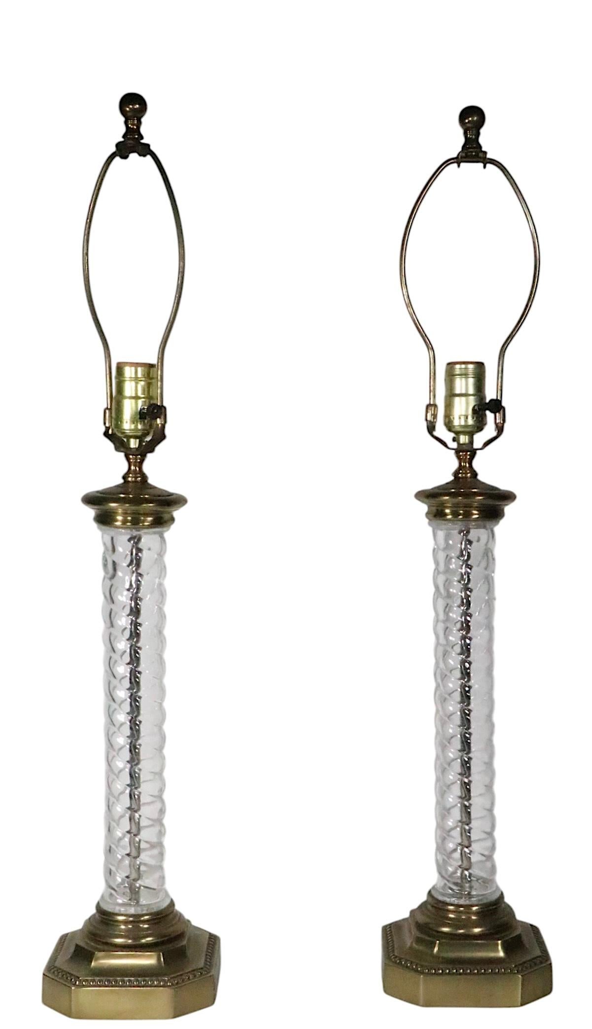 Metal Pr. Glass and Brass Twisted Column Lamps by Paul Hanson For Sale