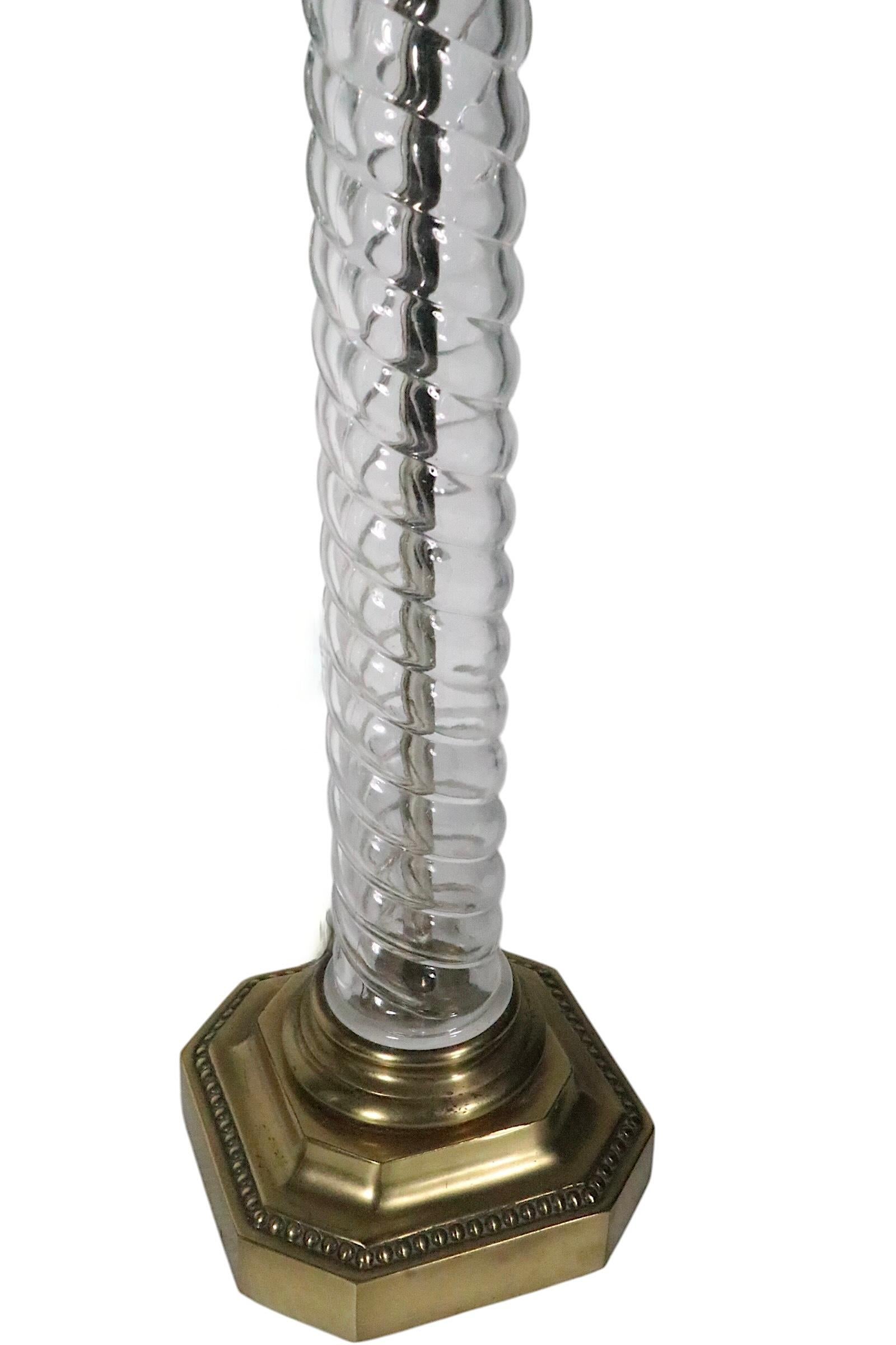 Pr. Glass and Brass Twisted Column Lamps by Paul Hanson For Sale 1