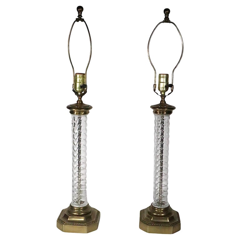 Glass and Brass Twisted Column Lamps by Paul Hanson For Sale