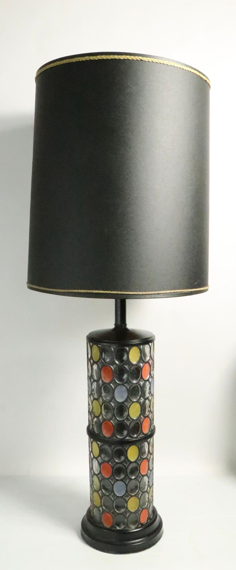 Metal Pair of Glass Column Lamps with Oval Mosaic Motif