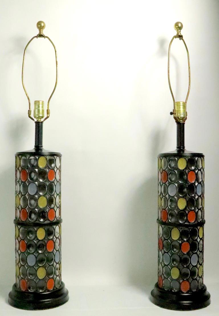 American Pair of Glass Column Lamps with Oval Mosaic Motif