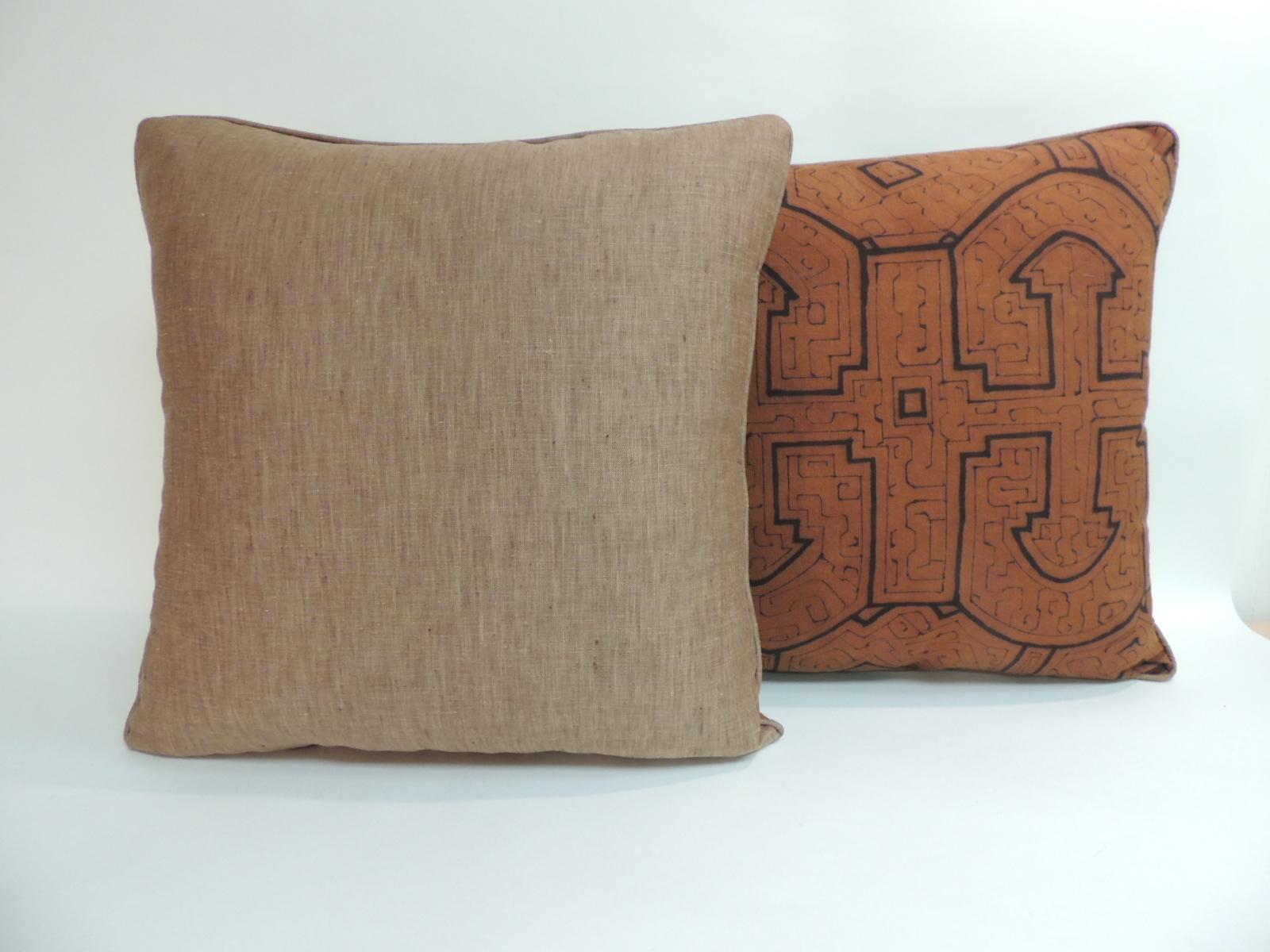 Hand-Crafted Graphic Tribal Peruvian Textile in Orange and Black Decorative Pillows #3, Pair