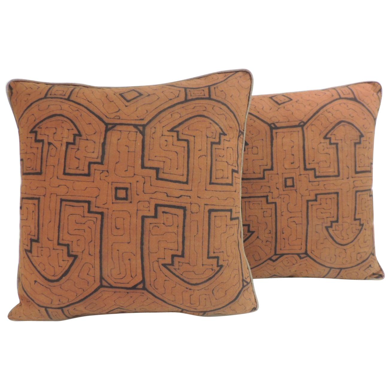 Graphic Tribal Peruvian Textile in Orange and Black Decorative Pillows #3, Pair