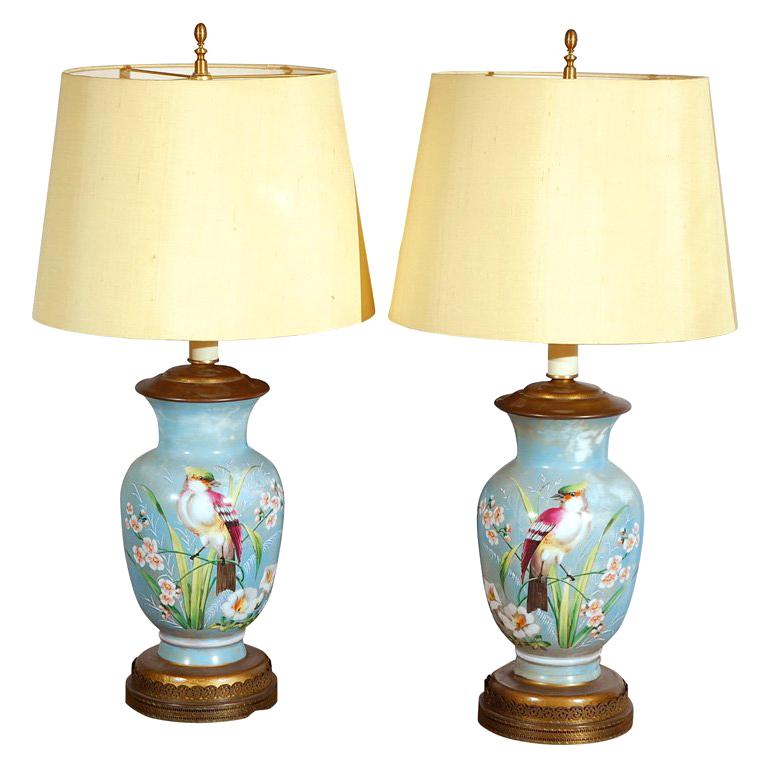 Pr Hand Decorated Glass Table Lamps For Sale