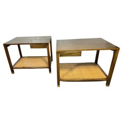 Pr Harvey Probber Mid Century Ribbon Mahogany and Cane Side Tables