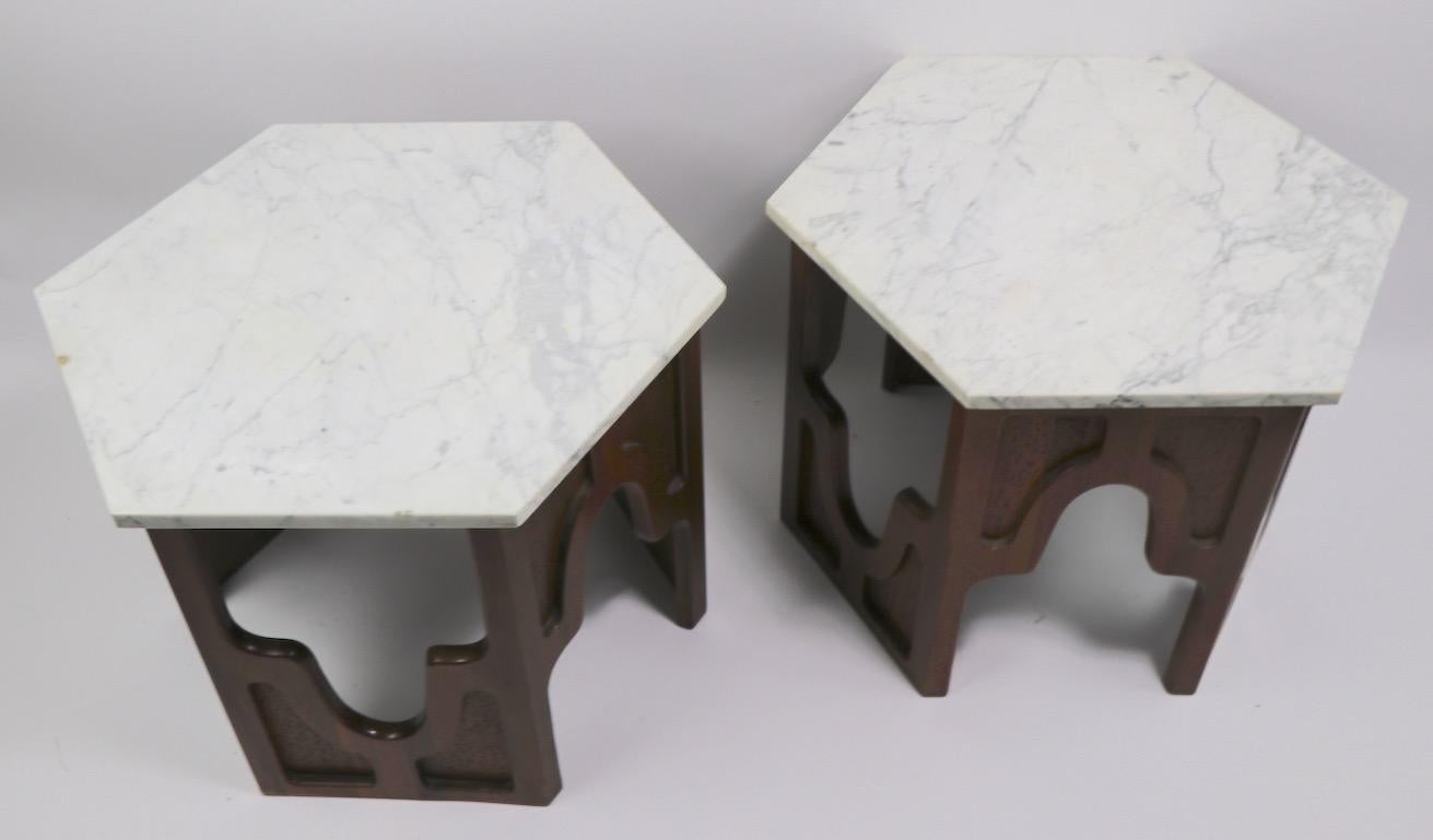 Mid-Century Modern Pair of Hexagonal Marble-Top Tables after Probber