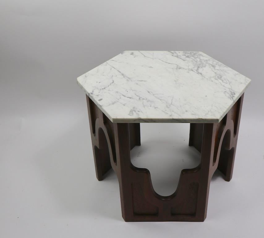 American Pair of Hexagonal Marble-Top Tables after Probber