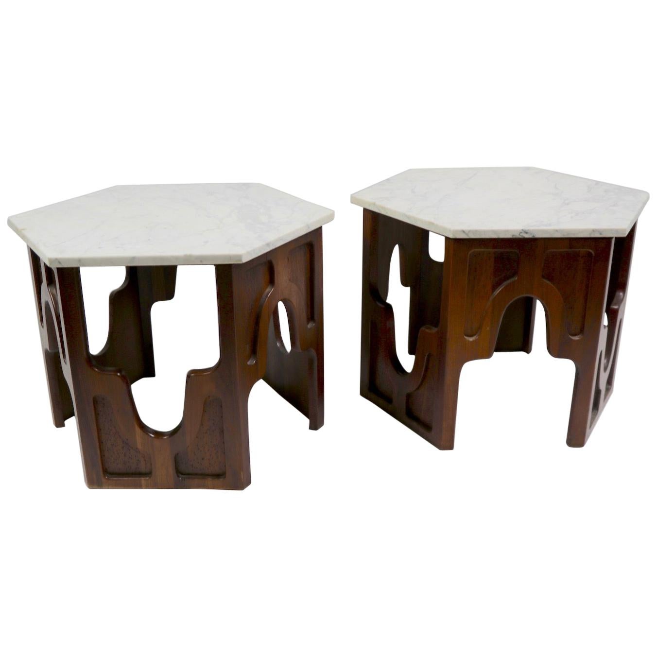 Pair of Hexagonal Marble-Top Tables after Probber