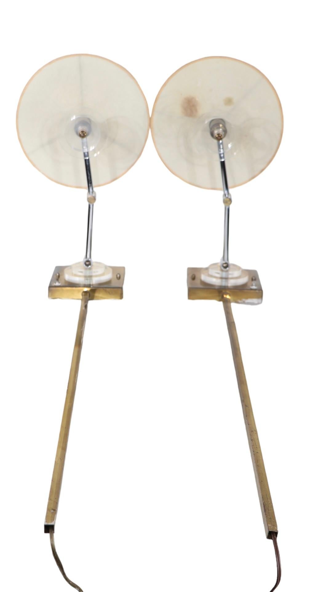 Pr. Hollywood Regency Brass and Lucite Swing Arm  Wall Sconces att. F. Cooper  For Sale 11