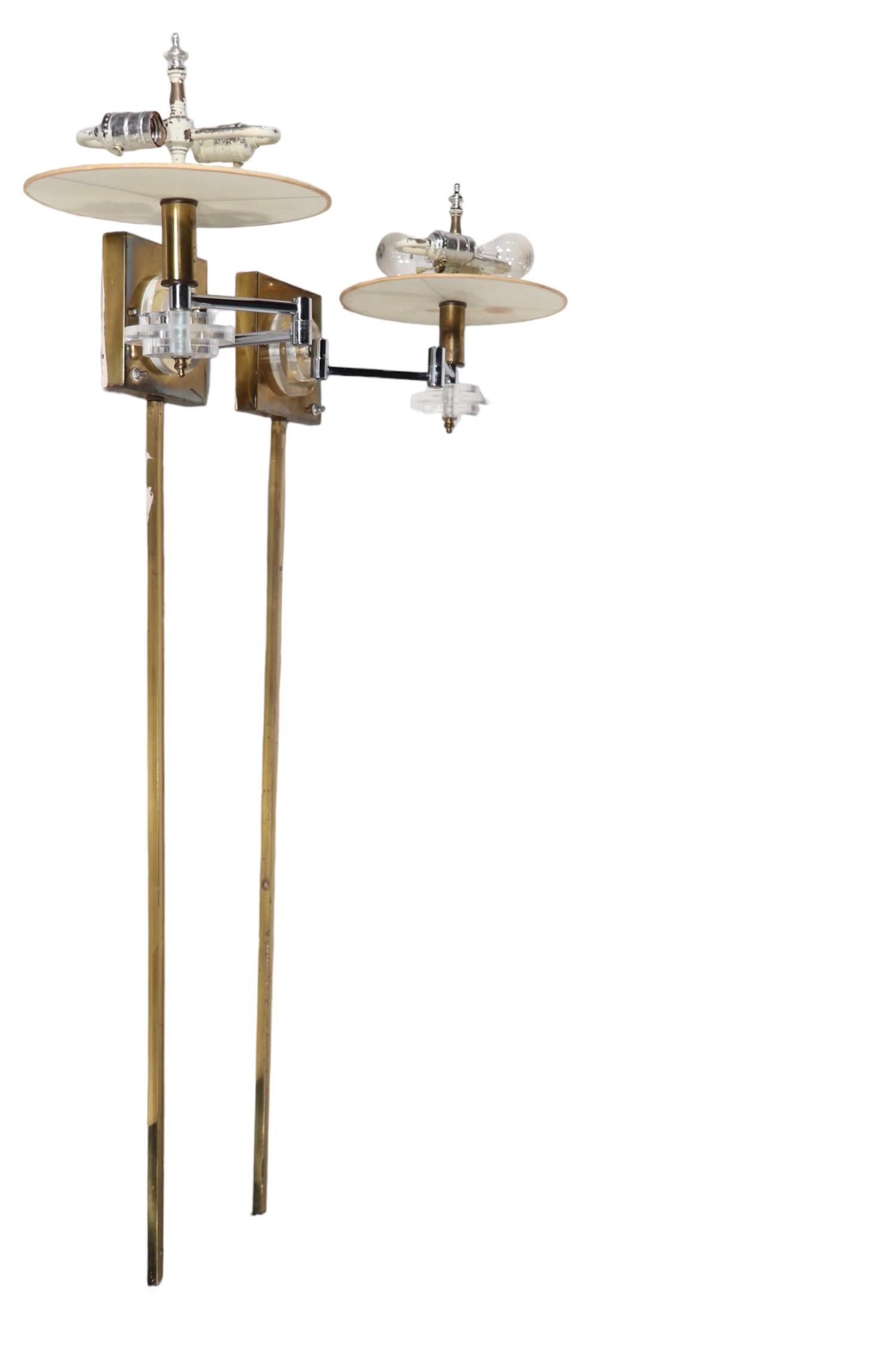 American Pr. Hollywood Regency Brass and Lucite Swing Arm  Wall Sconces att. F. Cooper  For Sale
