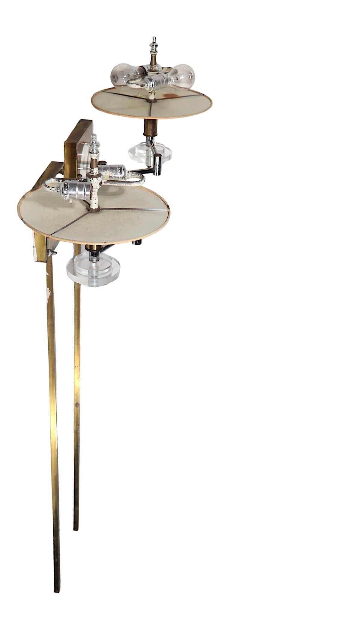 Pr. Hollywood Regency Brass and Lucite Swing Arm  Wall Sconces att. F. Cooper  In Good Condition For Sale In New York, NY