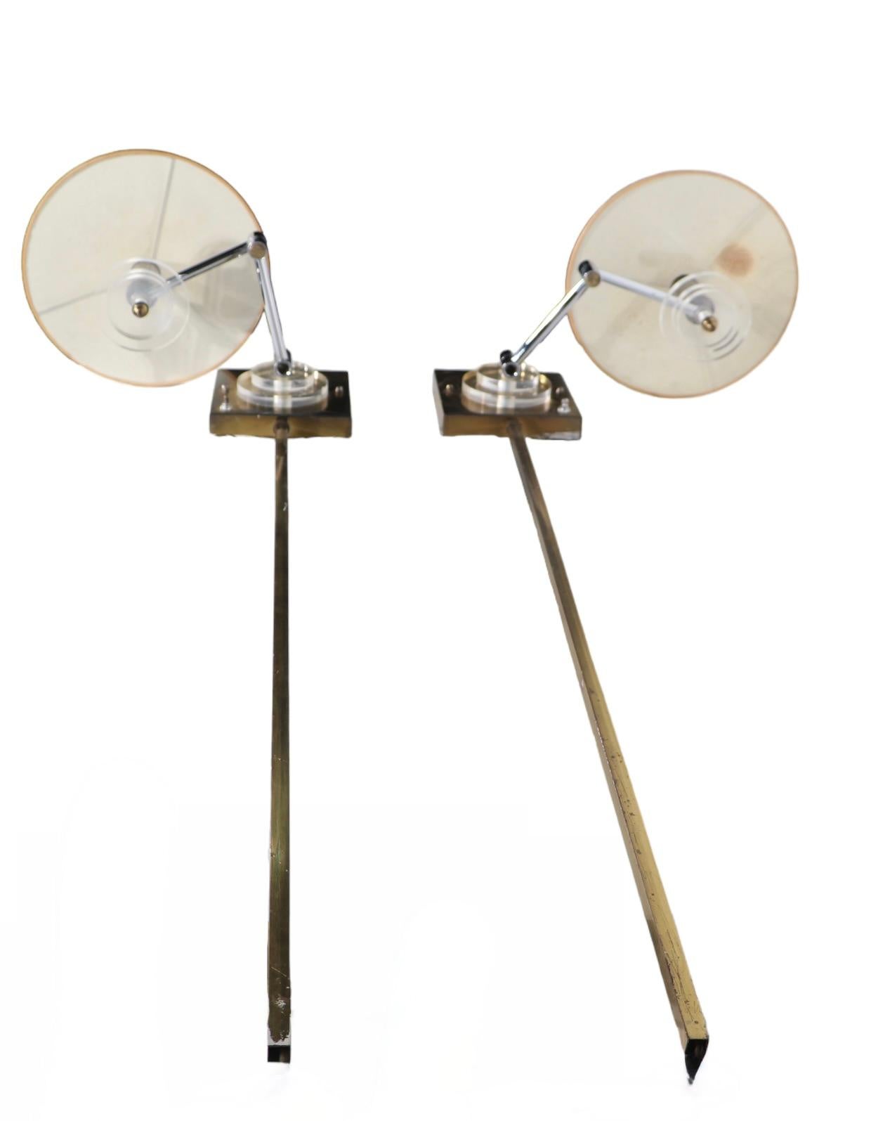 Pr. Hollywood Regency Brass and Lucite Swing Arm  Wall Sconces att. F. Cooper  For Sale 2