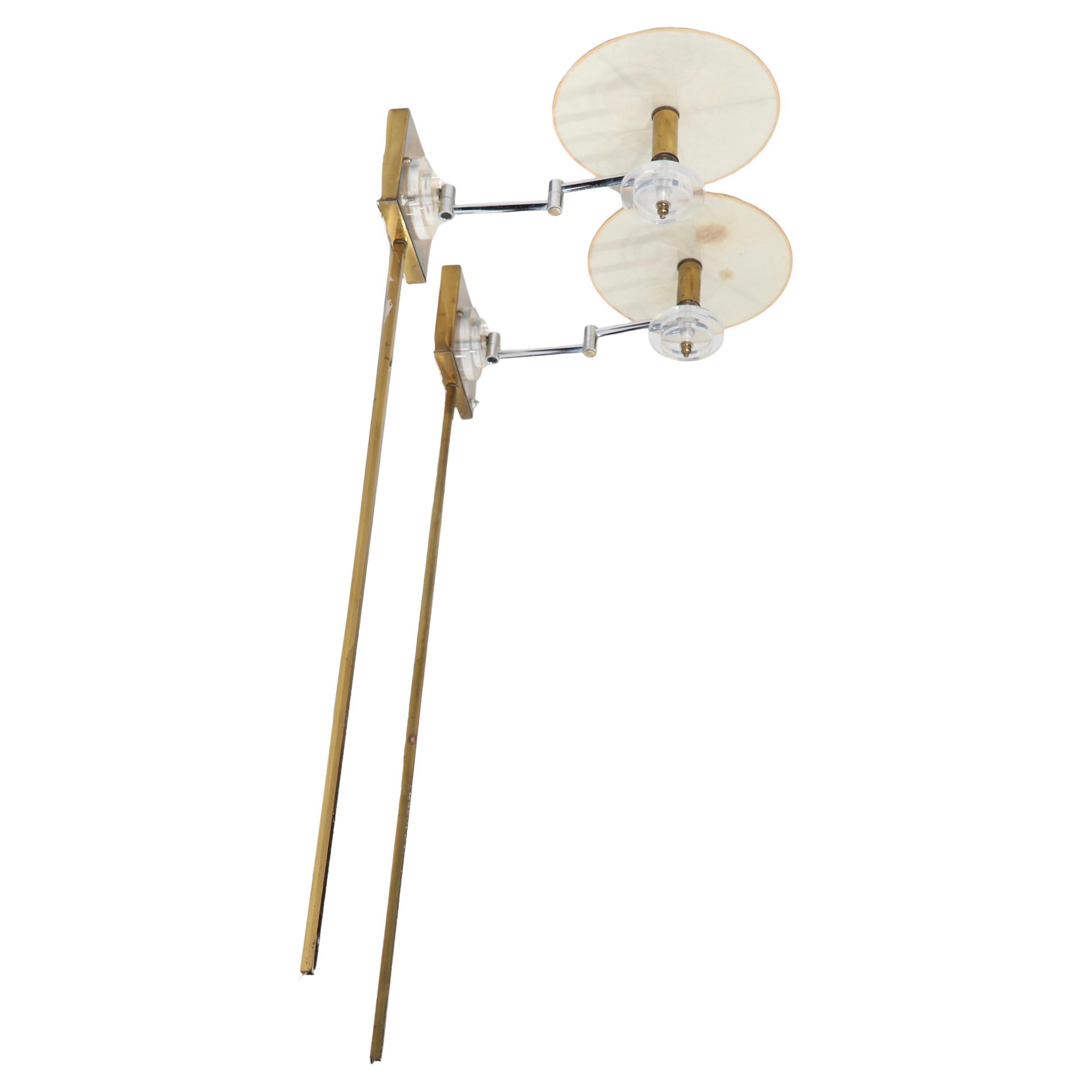 Pr. Hollywood Regency Brass and Lucite Swing Arm  Wall Sconces att. F. Cooper  For Sale