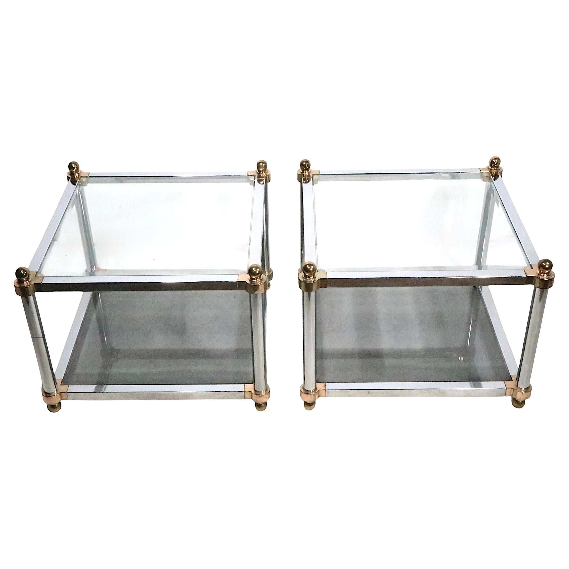 Pr. Hollywood Regency Chrome Brass and Glass End Side Tables after Maison Jansen