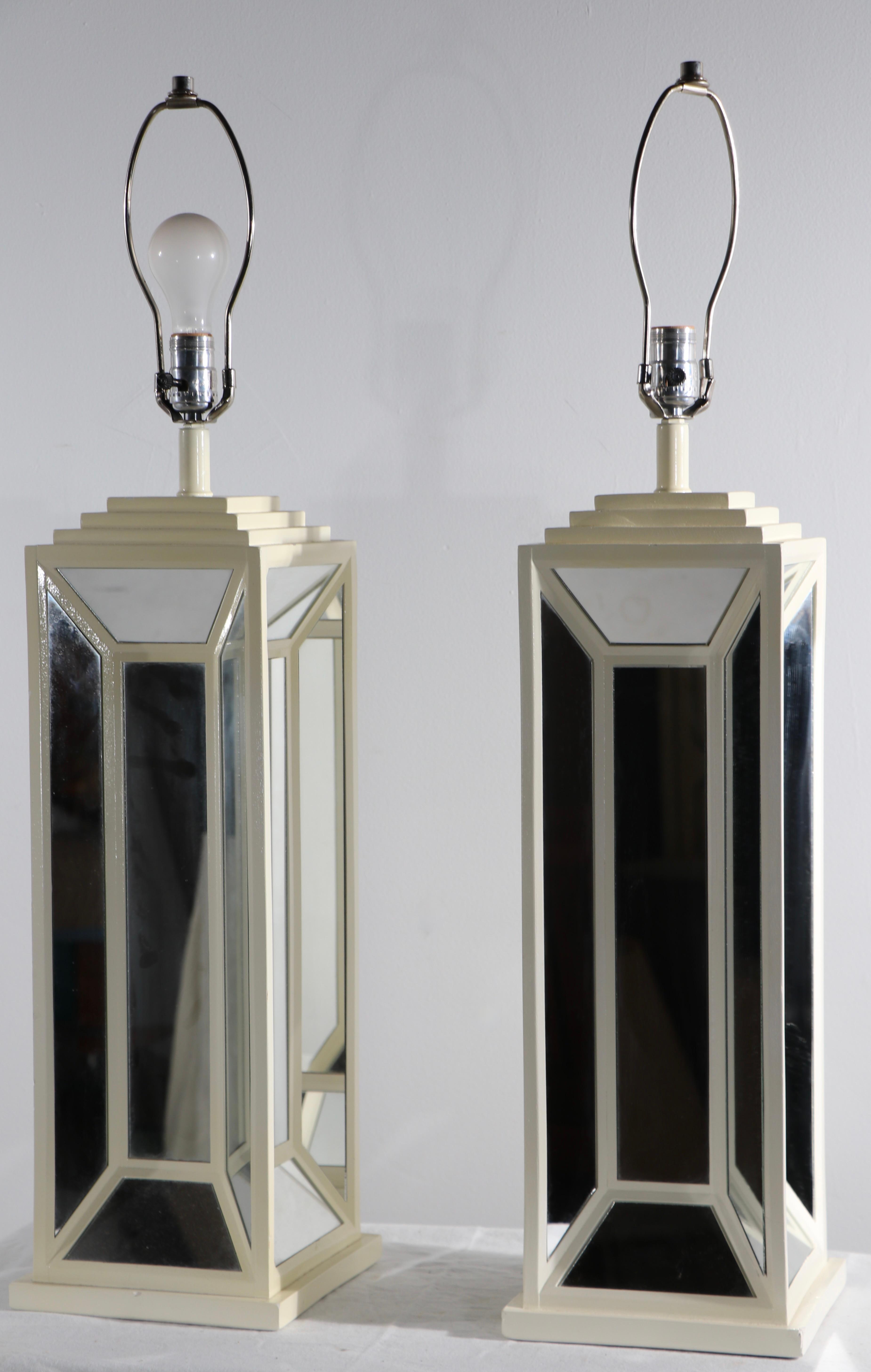 Pr. Hollywood Regency Mirrored Lamps by Blumberg For Sale 4