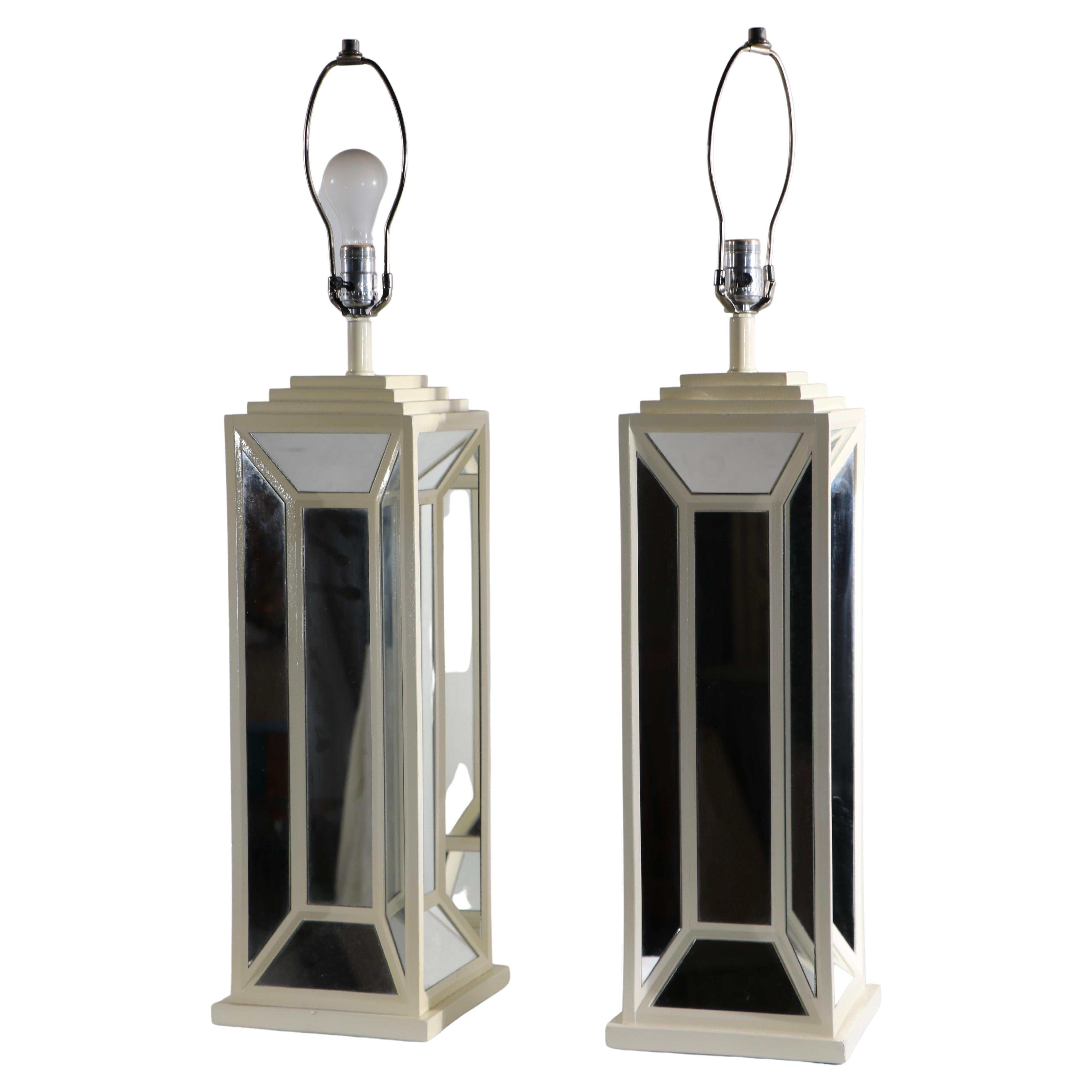 Pr. Hollywood Regency Mirrored Lamps by Blumberg For Sale