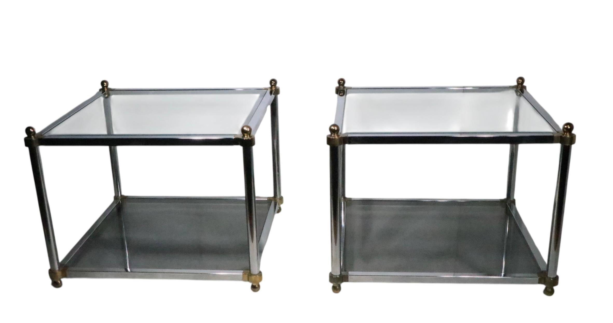 Pr. Hollywood Regency Style Chrome Brass and Glass Side End Tables c. 1970's For Sale 7