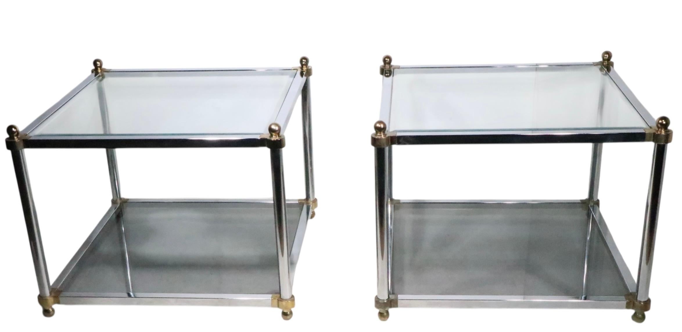 Pr. Hollywood Regency Style Chrome Brass and Glass Side End Tables c. 1970's For Sale 9