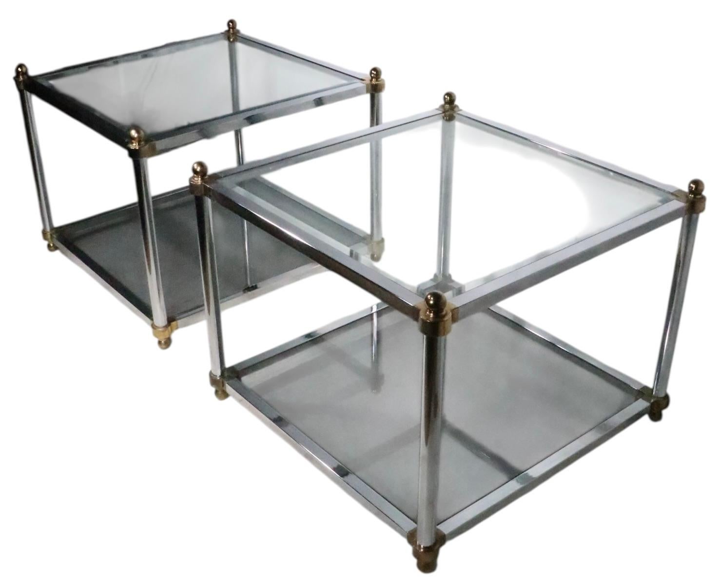 Pr. Hollywood Regency Style Chrome Brass and Glass Side End Tables c. 1970's For Sale 10