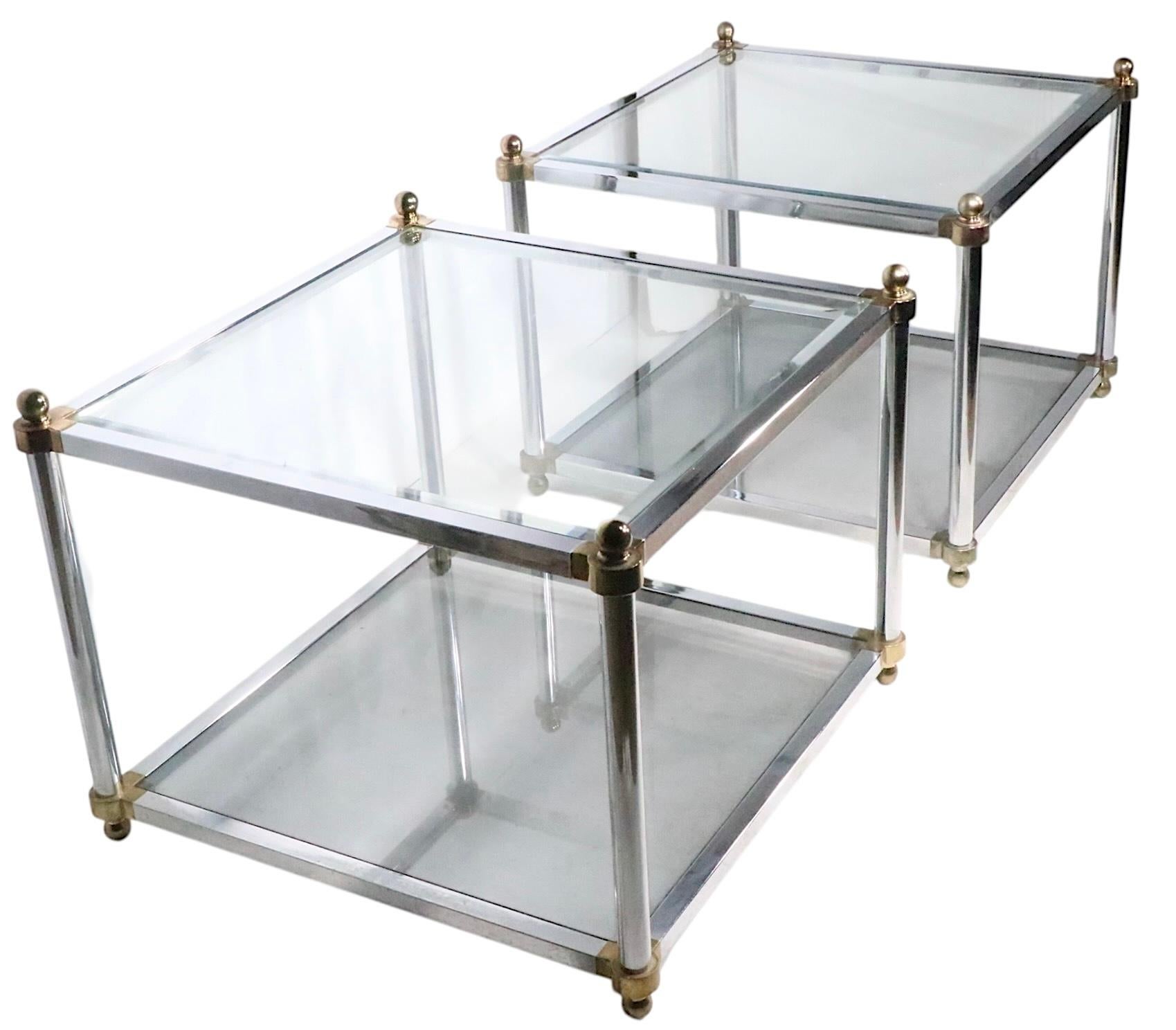 American Pr. Hollywood Regency Style Chrome Brass and Glass Side End Tables c. 1970's For Sale