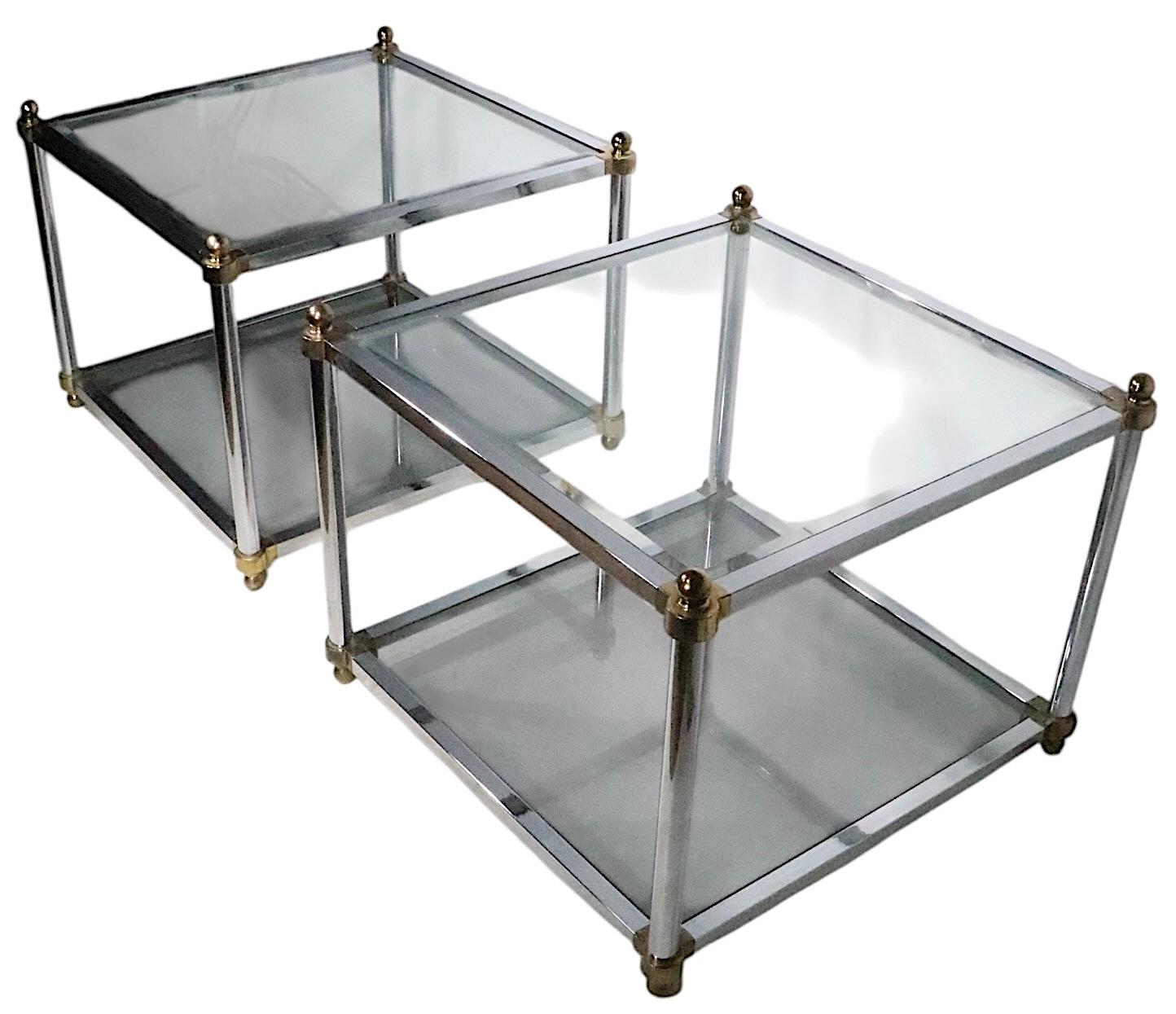Plated Pr. Hollywood Regency Style Chrome Brass and Glass Side End Tables c. 1970's For Sale