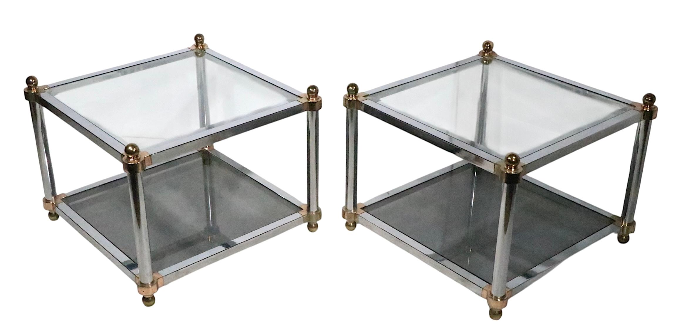 Pr. Hollywood Regency Style Chrome Brass and Glass Side End Tables c. 1970's In Good Condition For Sale In New York, NY