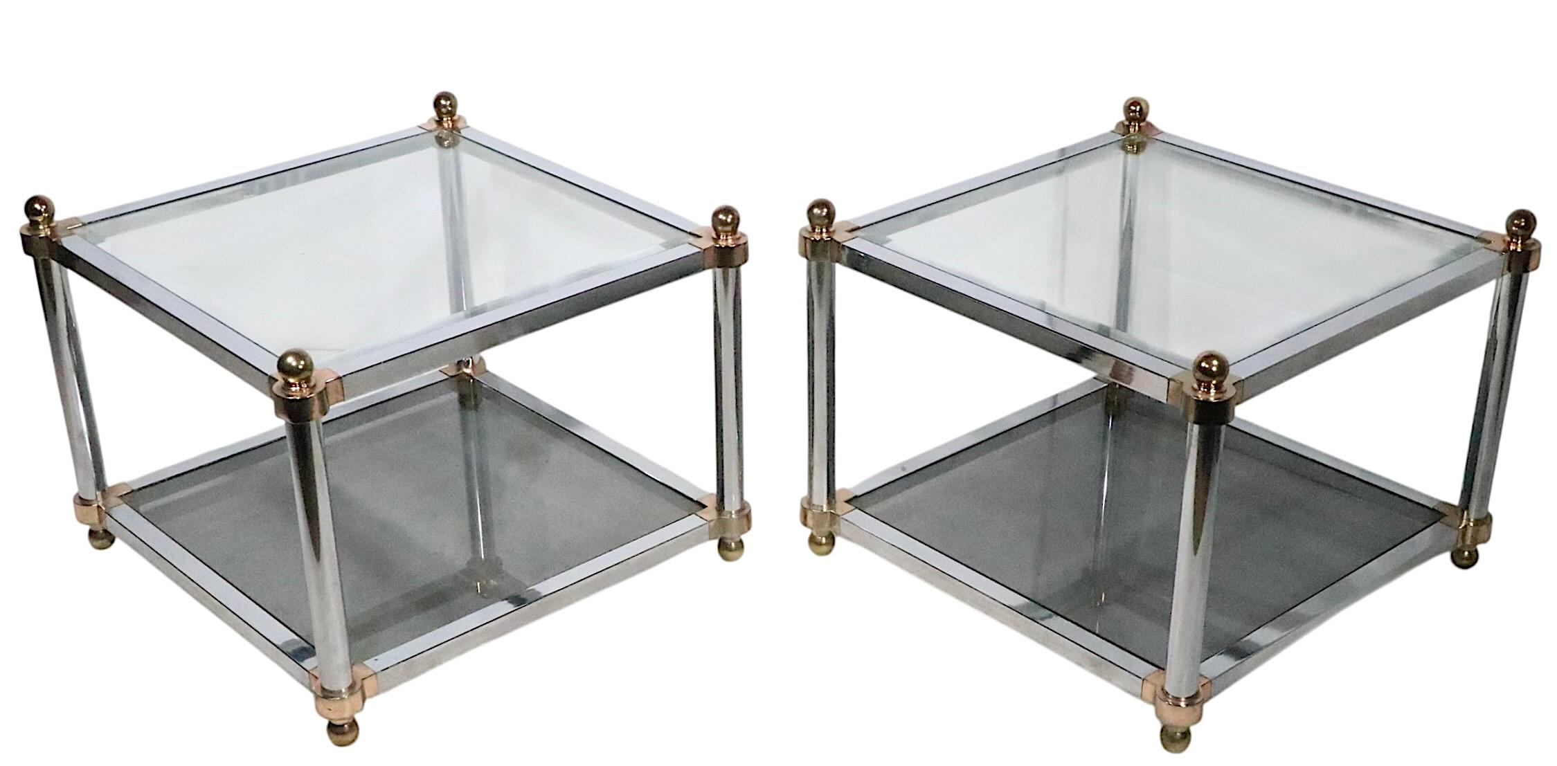 20th Century Pr. Hollywood Regency Style Chrome Brass and Glass Side End Tables c. 1970's For Sale