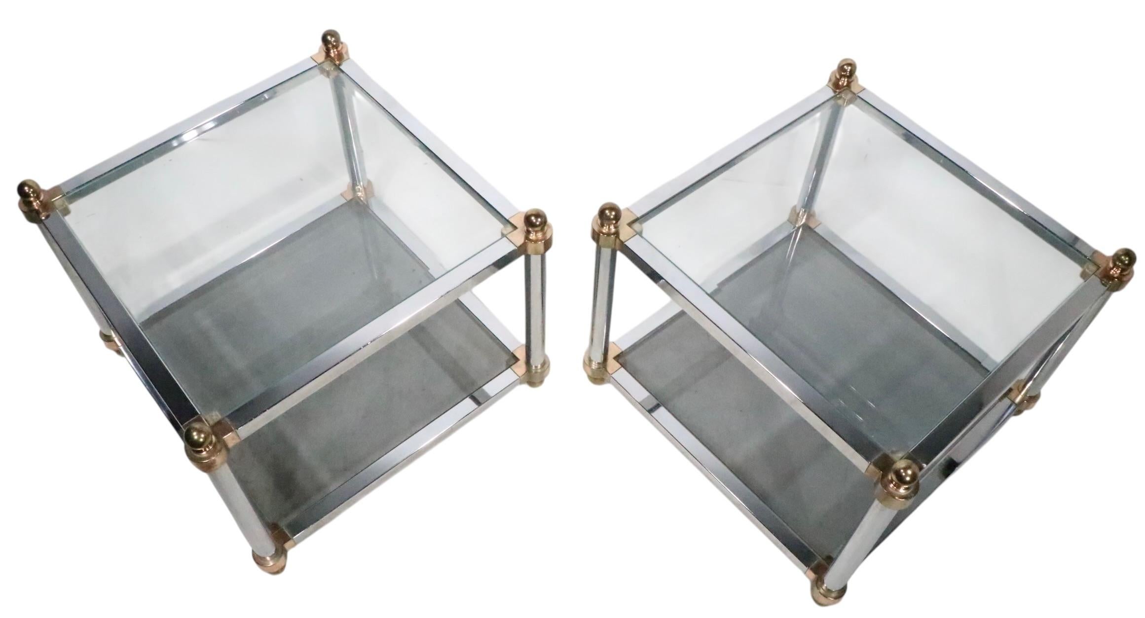 Pr. Hollywood Regency Style Chrome Brass and Glass Side End Tables c. 1970's For Sale 1