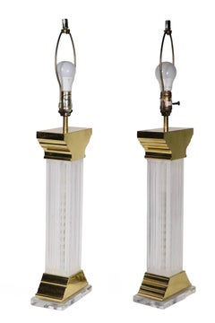 Pr. Hollywood Regency Style Lucite and Brass Column Form Table Lamps by Chapman