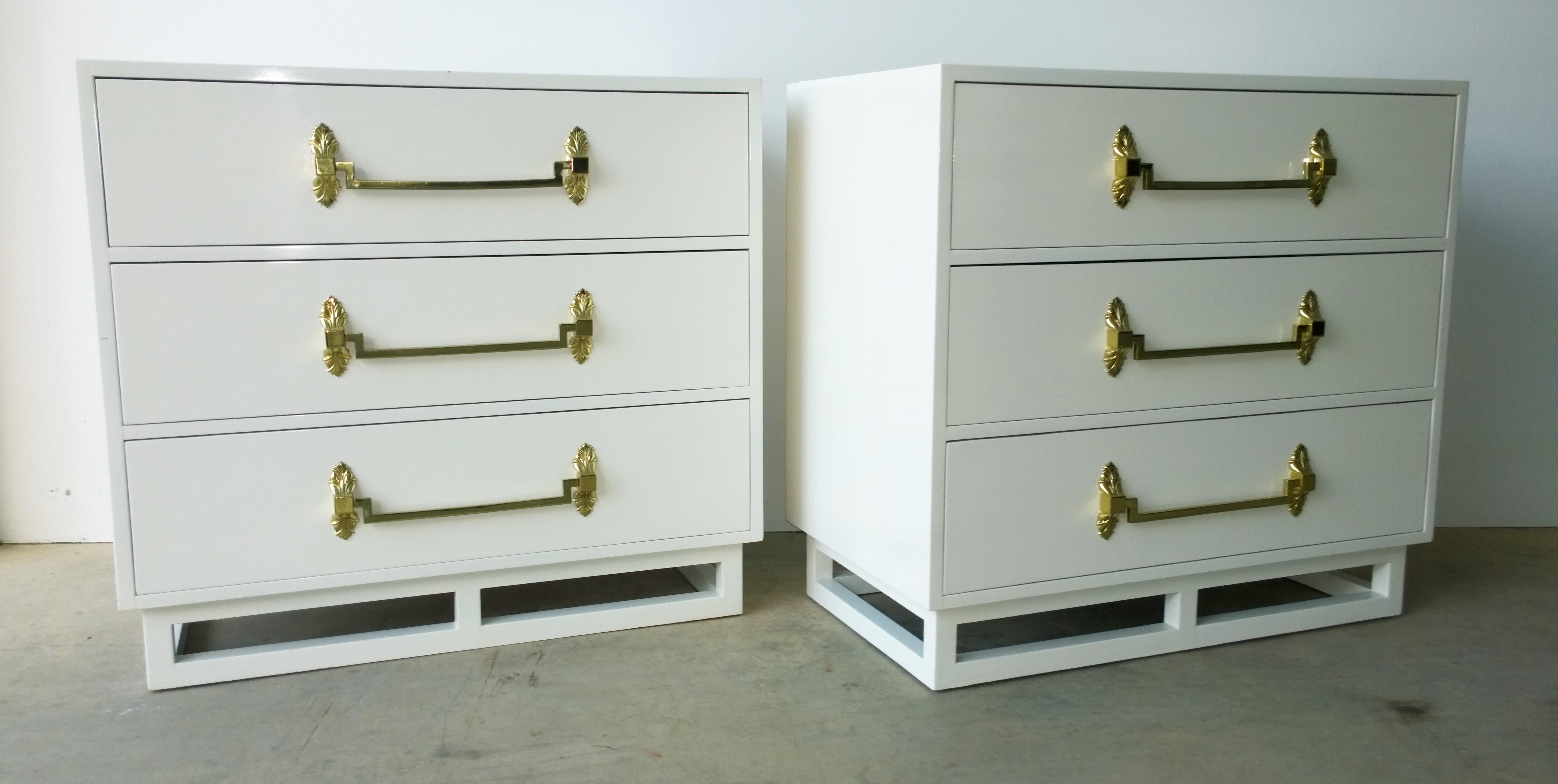 Hollywood Regency Pair of White Lacquered & Brass Decorative Pulls Grosfeld House Chest of Drawers For Sale