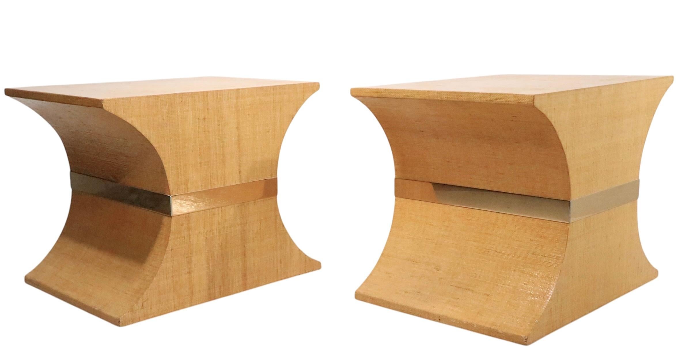 Pr.  Hourglass Form Hollywood Regency Style Grass Cloth Side Tables c. 1970/80's For Sale 7