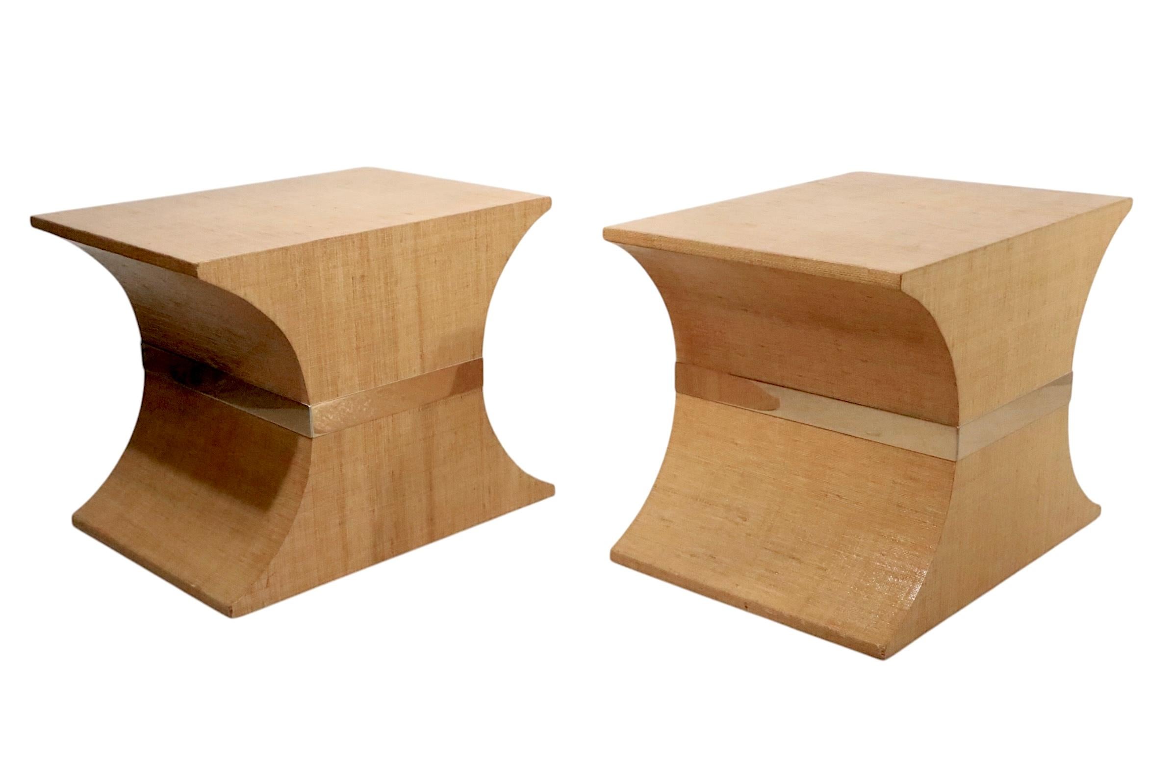 Pr.  Hourglass Form Hollywood Regency Style Grass Cloth Side Tables c. 1970/80's For Sale 9