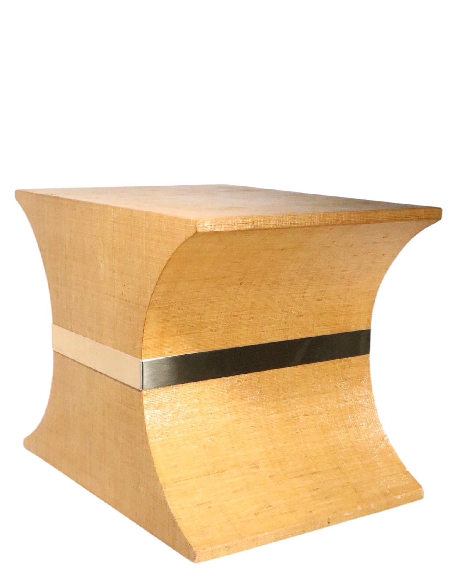 20th Century Pr.  Hourglass Form Hollywood Regency Style Grass Cloth Side Tables c. 1970/80's For Sale