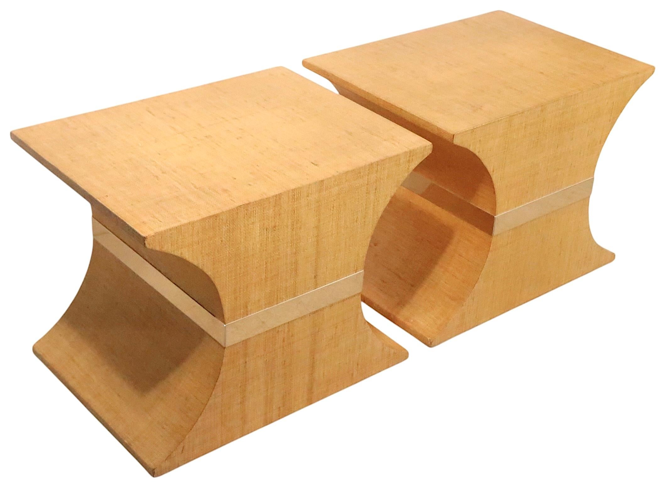 Pr.  Hourglass Form Hollywood Regency Style Grass Cloth Side Tables c. 1970/80's For Sale 3