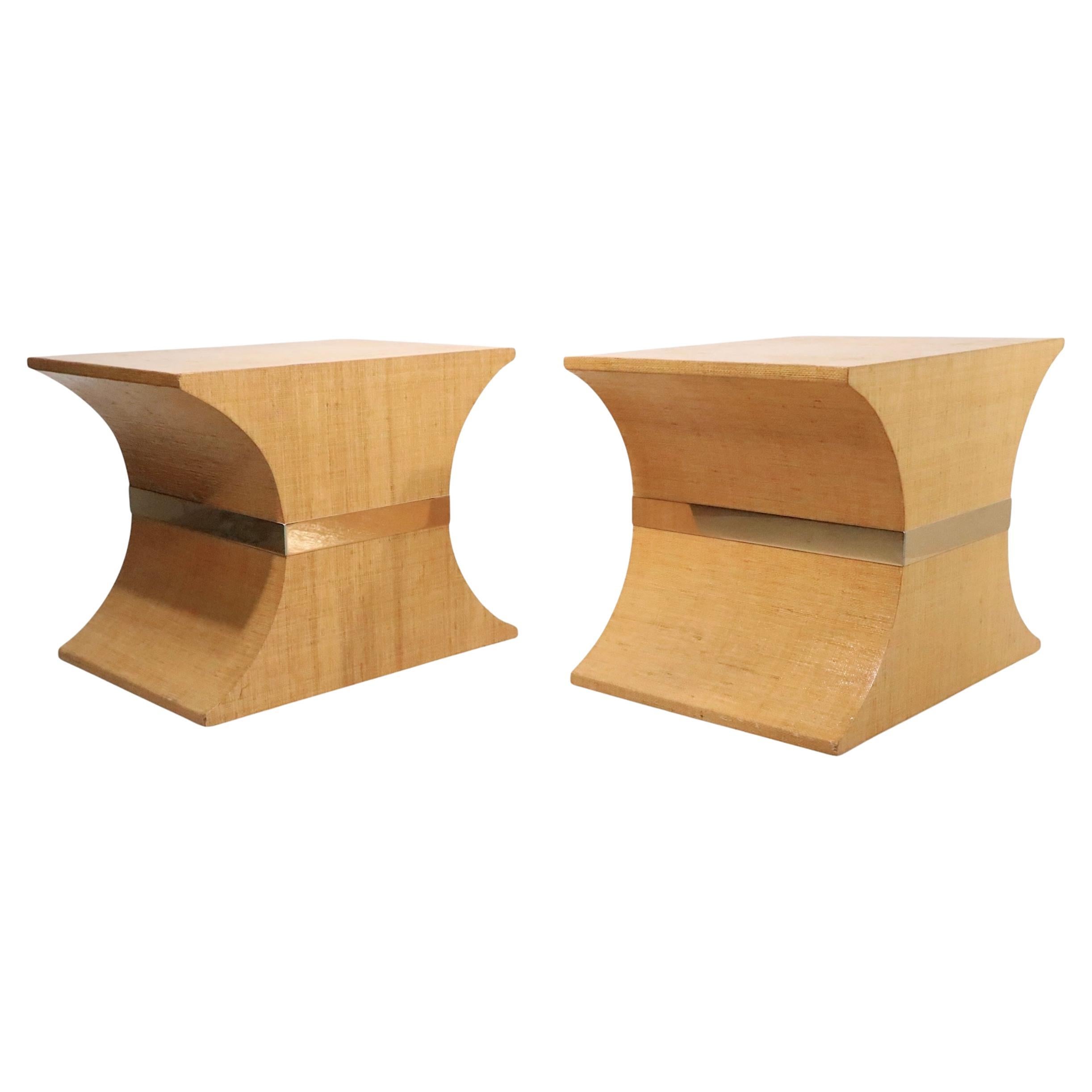 Pr.  Hourglass Form Hollywood Regency Style Grass Cloth Side Tables c. 1970/80's For Sale