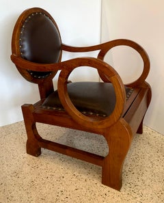 Pair of Hungarian Walnut & Distressed Leather Art Deco Club Chairs, Lajos Kozma