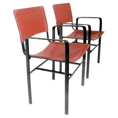 Pr. Italian  Brown Leather and Black Metal  Postmodern Arm Chairs by Cidue 1970s