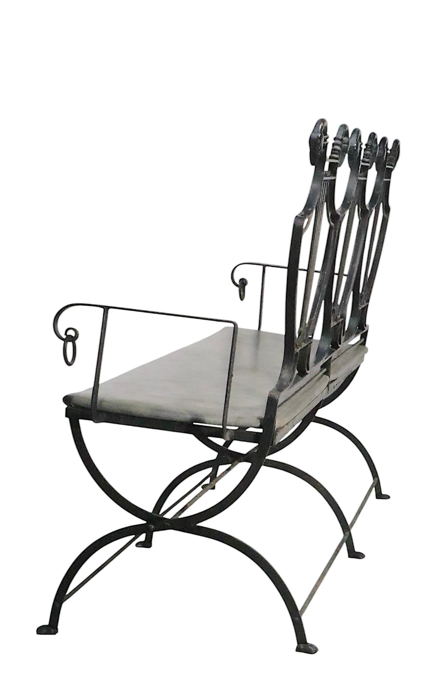 Pair of Maison Jansen Style Lyre Back Wrought Iron and Bronze Benches For Sale 4
