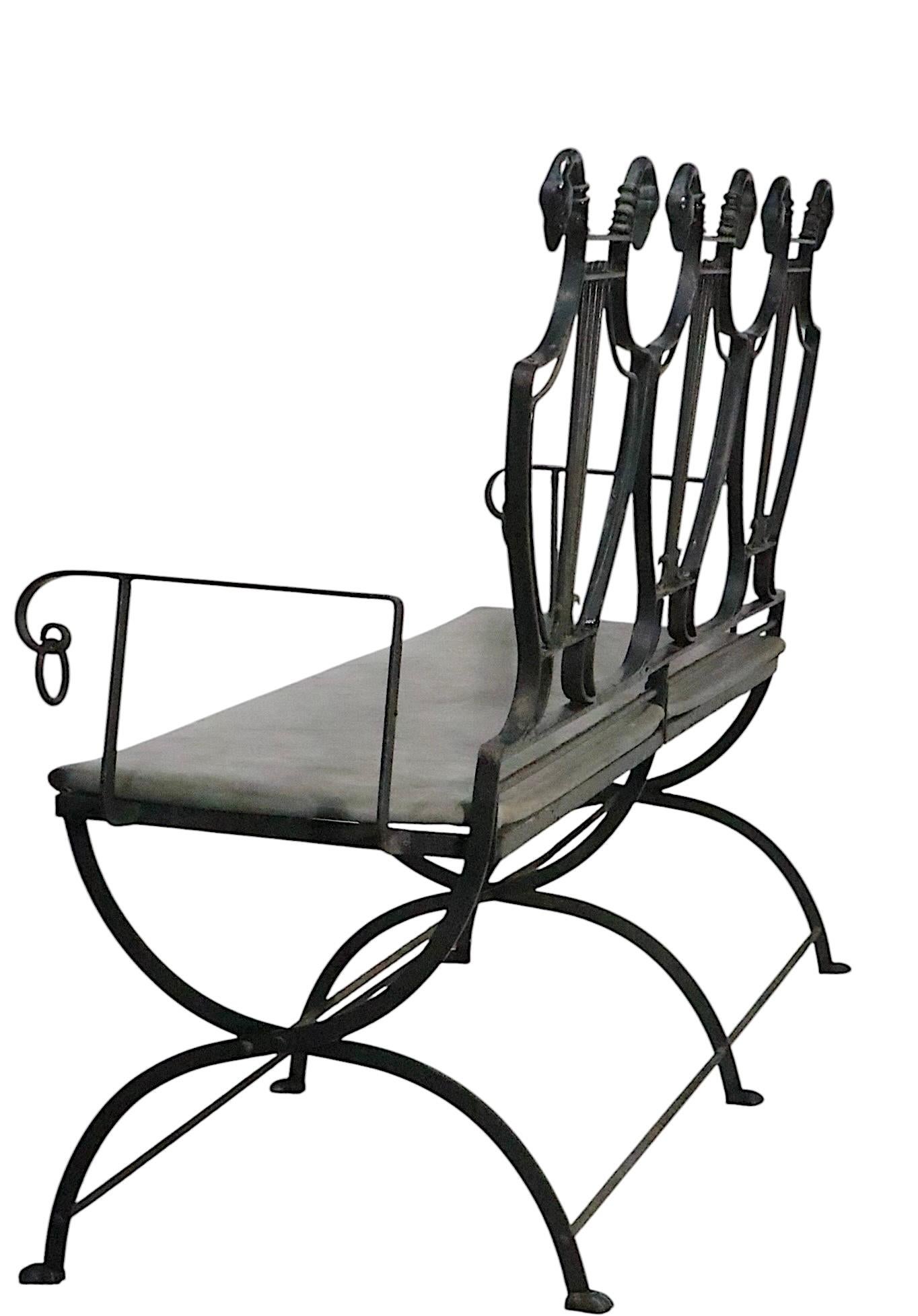 Pair of Maison Jansen Style Lyre Back Wrought Iron and Bronze Benches For Sale 5