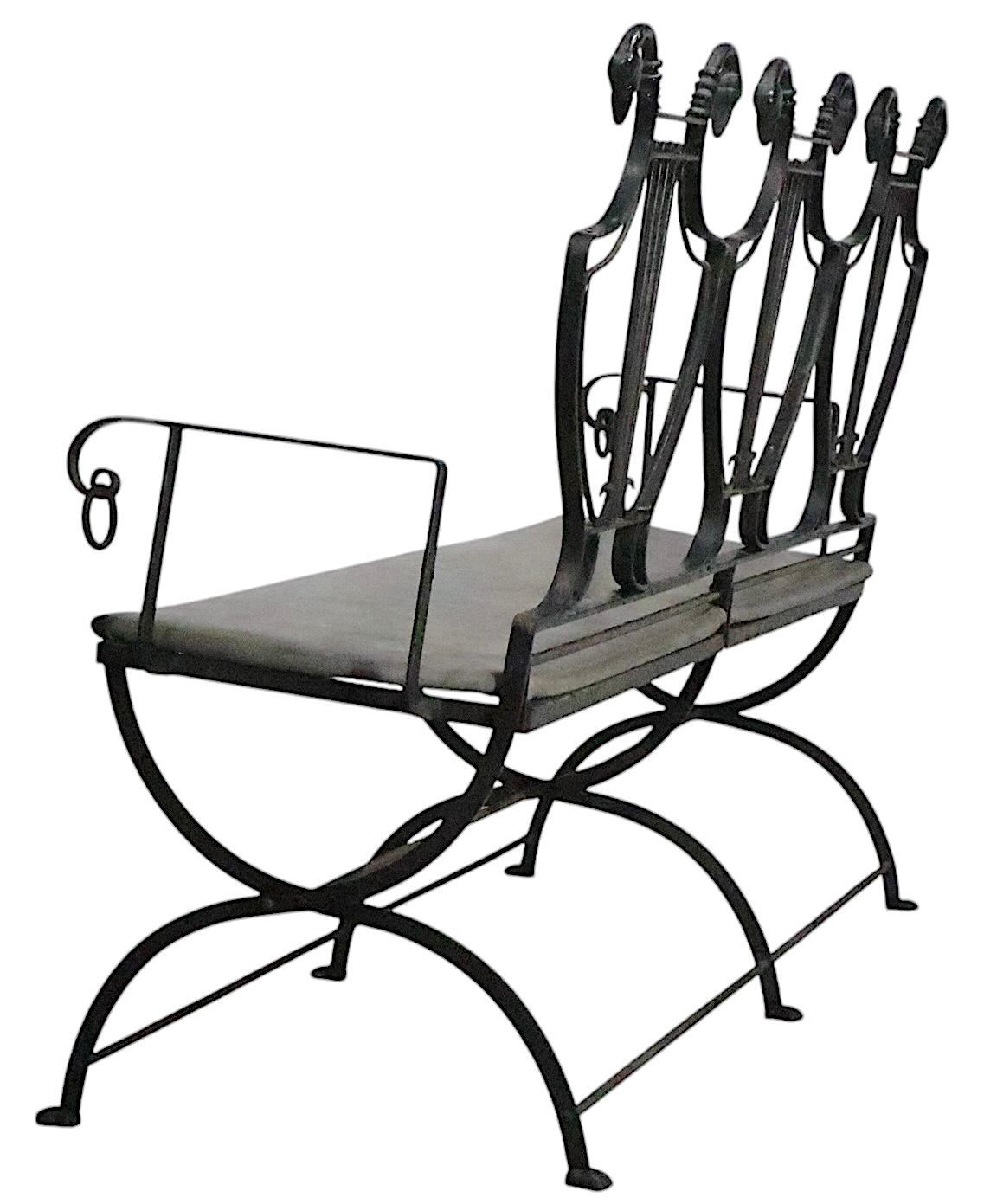 Pair of Maison Jansen Style Lyre Back Wrought Iron and Bronze Benches For Sale 6