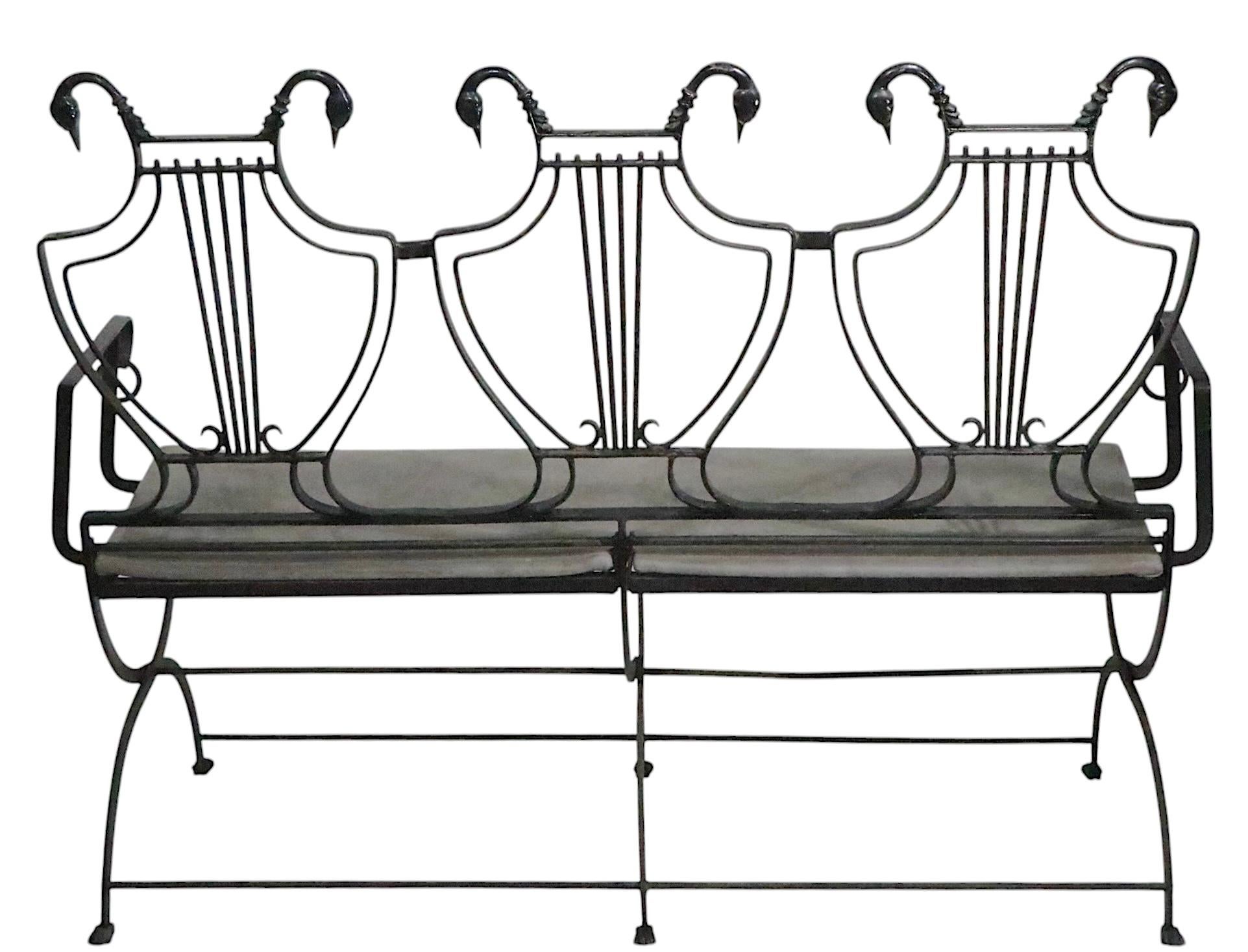 Pair of Maison Jansen Style Lyre Back Wrought Iron and Bronze Benches For Sale 7