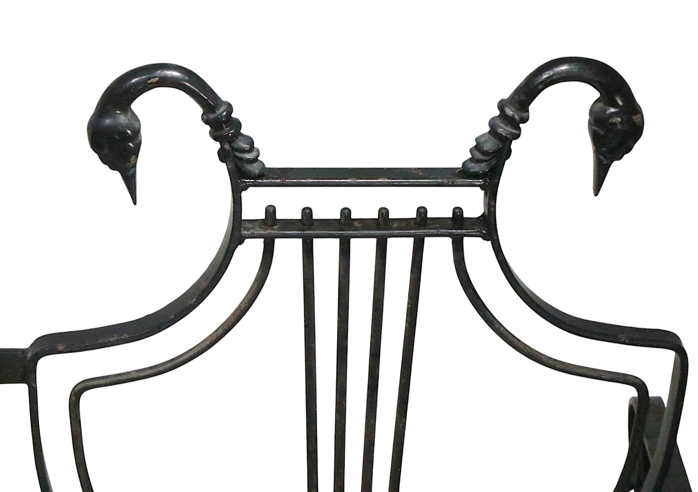 Pair of Maison Jansen Style Lyre Back Wrought Iron and Bronze Benches For Sale 8