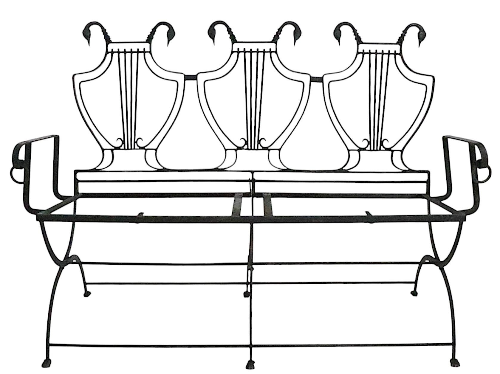 Pair of Maison Jansen Style Lyre Back Wrought Iron and Bronze Benches For Sale 9