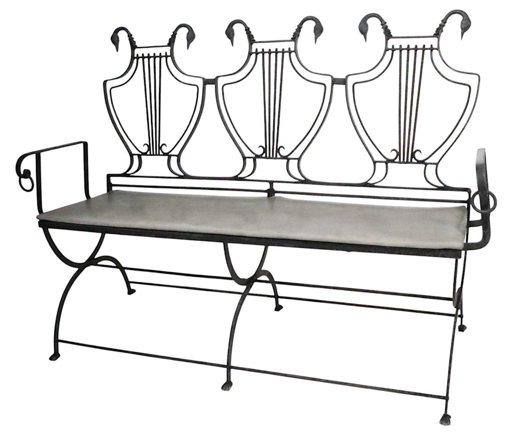 Pair of Maison Jansen Style Lyre Back Wrought Iron and Bronze Benches For Sale 10