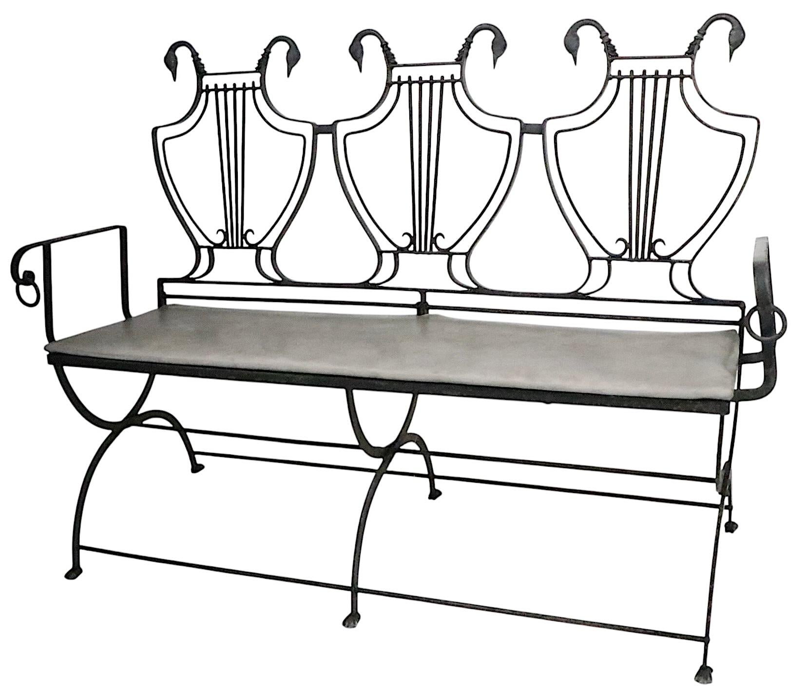 Pair of Maison Jansen Style Lyre Back Wrought Iron and Bronze Benches For Sale 11