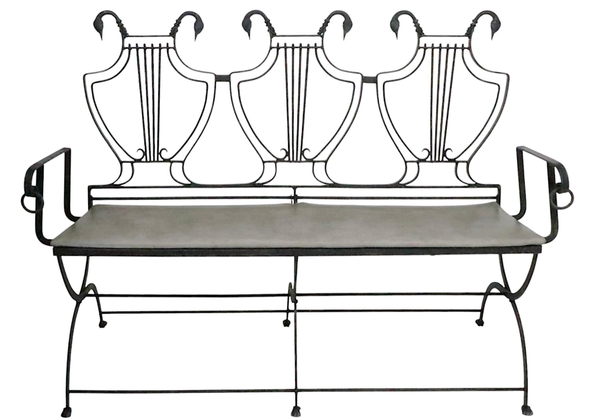 Pair of Maison Jansen Style Lyre Back Wrought Iron and Bronze Benches For Sale 12