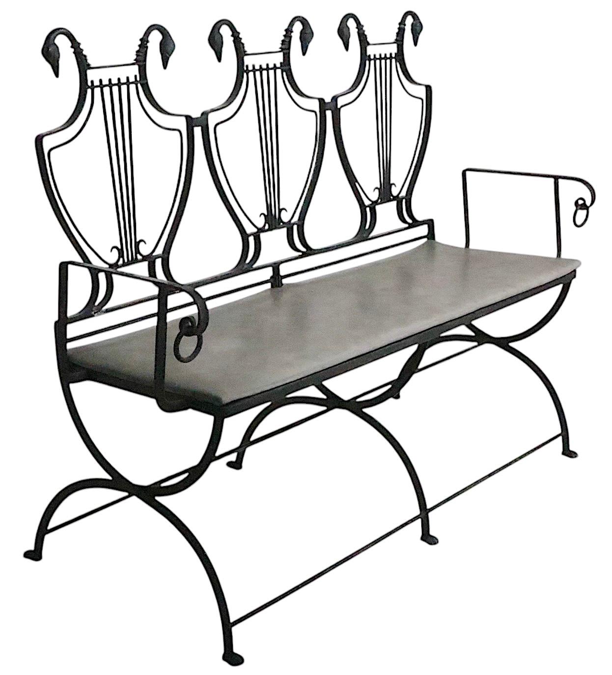 Pair of Maison Jansen Style Lyre Back Wrought Iron and Bronze Benches For Sale 13