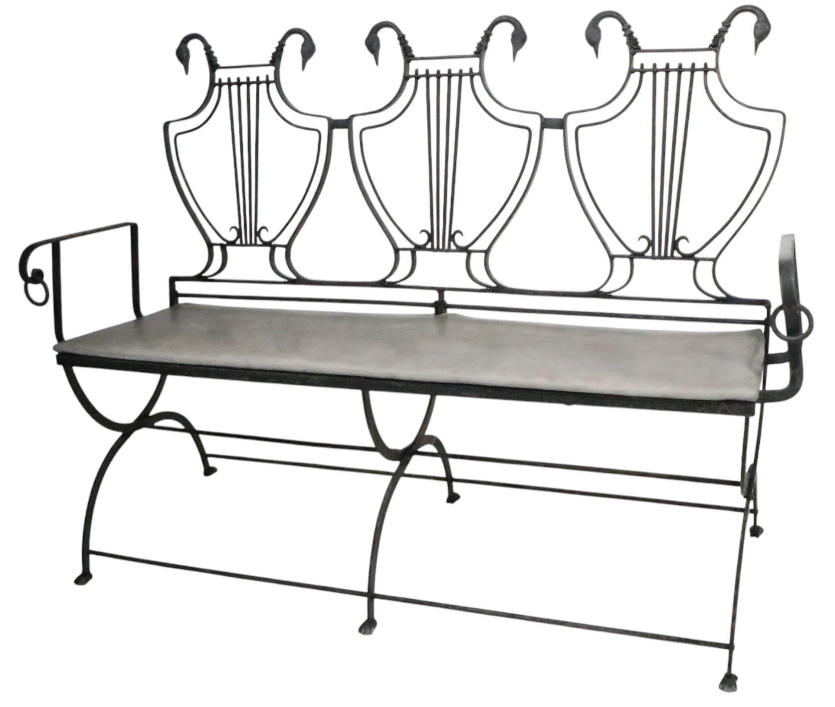 Pair of Maison Jansen Style Lyre Back Wrought Iron and Bronze Benches For Sale 14