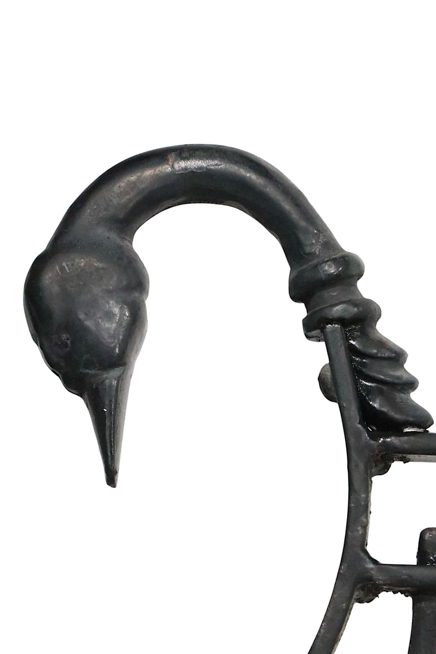 Neoclassical Pair of Maison Jansen Style Lyre Back Wrought Iron and Bronze Benches For Sale